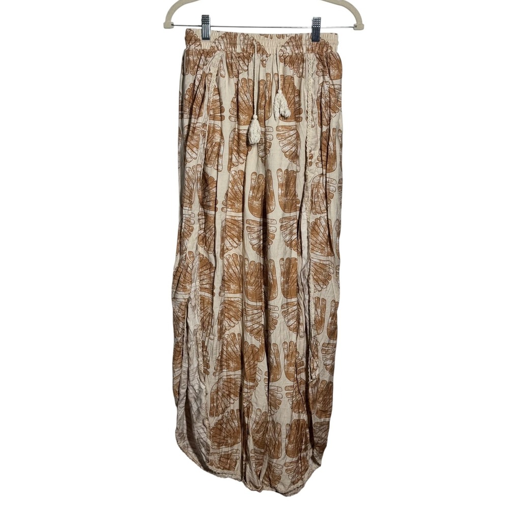 Paradise USA Tan Shell Print Split Leg Boho Pants Tassel Viscose H811-A Medium